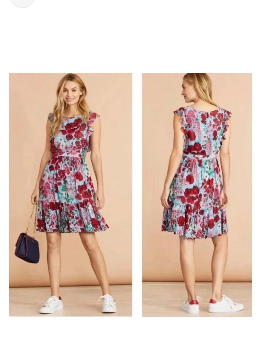 Sky Blue Fresh Fun Bold Floral Flutter Sleeve Hem Romantic Coquette Dress 14